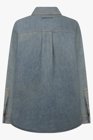 Face Print Oversized Denim Shirt | Indigo