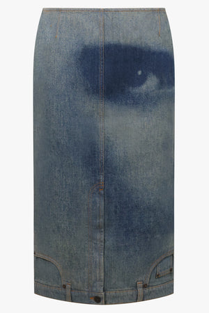Upside Down Face Print Denim Skirt | Indigo