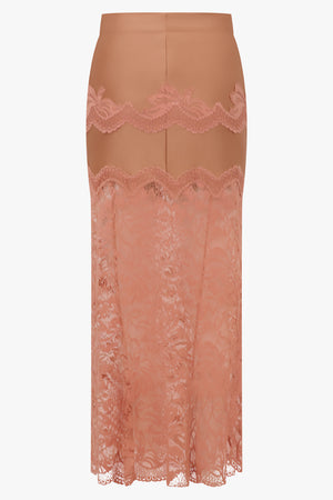 Lace X Stretch Panel Midi Skirt | New Caramel