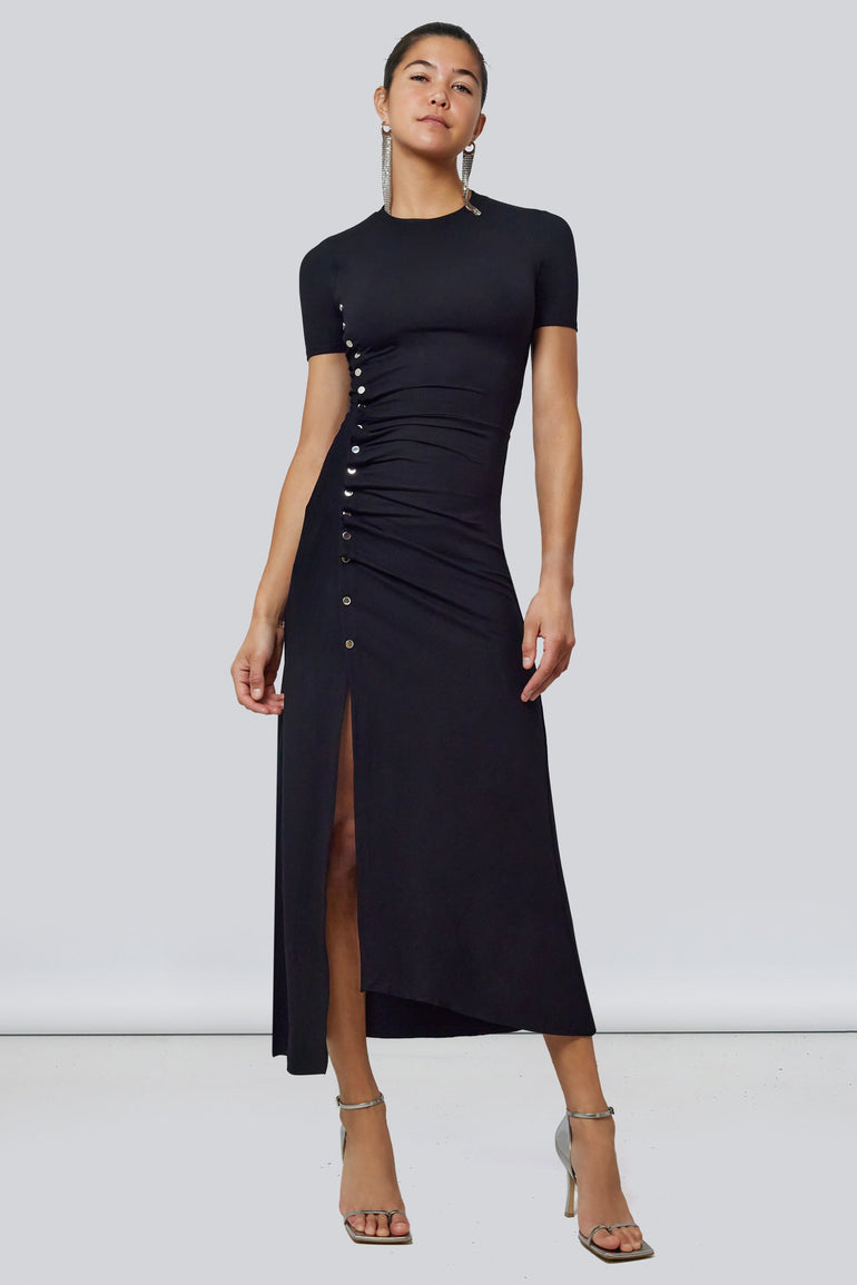 PACO RABANNE DRESSES CREW NECK S/SL RUCH-SKIRT ASYM FLOOR LENGTH DRESS | BLACK JERSEY