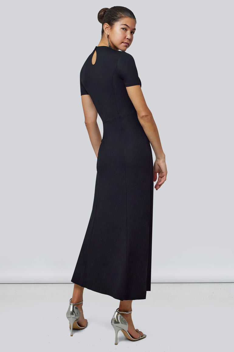 PACO RABANNE DRESSES CREW NECK S/SL RUCH-SKIRT ASYM FLOOR LENGTH DRESS | BLACK JERSEY