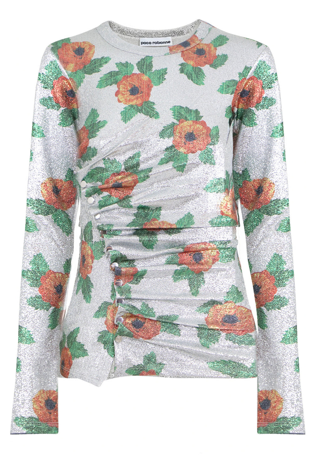 PACO RABANNE RTW FLORAL LUREX RUCHED L/S TOP SILVER