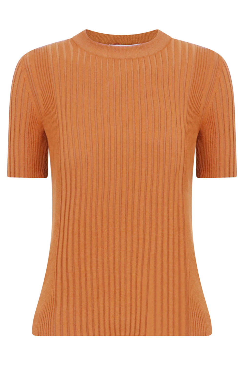 RABANNE RTW BUTTON RIBBED SHORT SLEEVE KNIT TOP | CAMEL