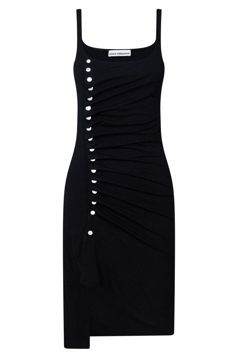 PACO RABANNE RTW Sleeveless Button Down Ruched Asymmetric Lurex Mini Dress | Black