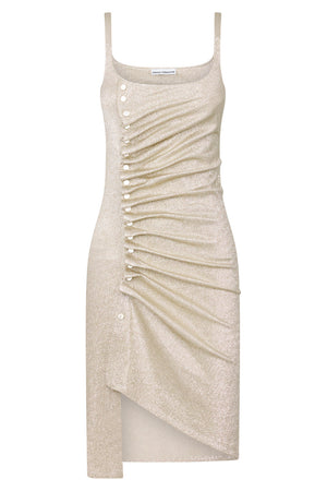 PACO RABANNE RTW Sleeveless Button Down Ruched Asymmetric Lurex Mini Dress | Soft Gold