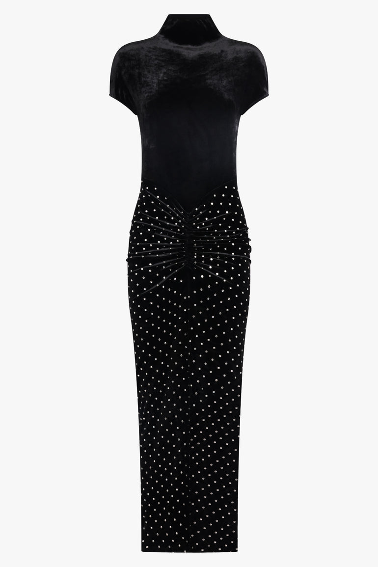 ALAIA RTW S/S High Neck Sculpt Velvet Stud Dress | Black