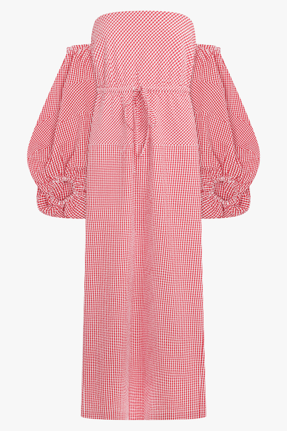 ROSIE ASSOULINE RTW Strapless Balloon Sleeve Gingham Print Midi Dress | Red