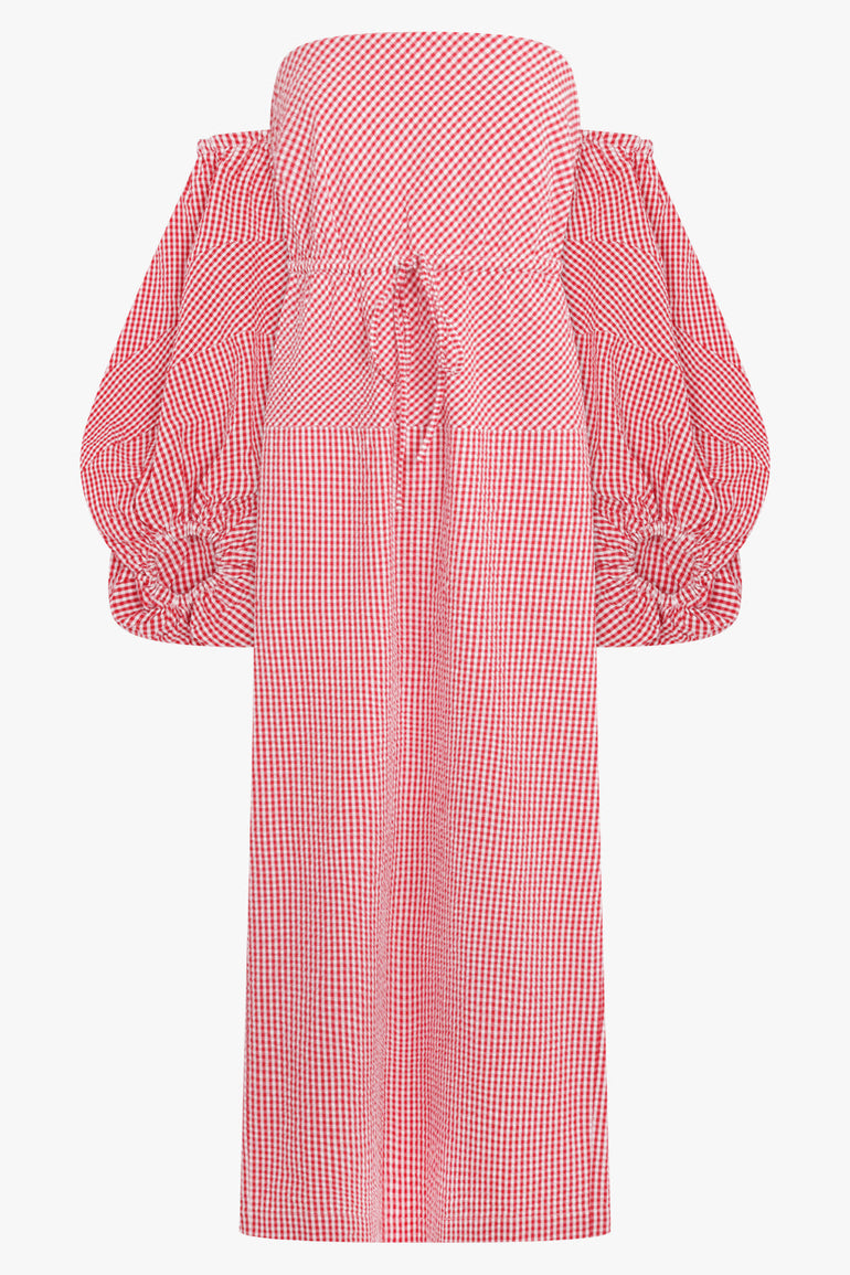 ROSIE ASSOULINE RTW Strapless Balloon Sleeve Gingham Print Midi Dress | Red