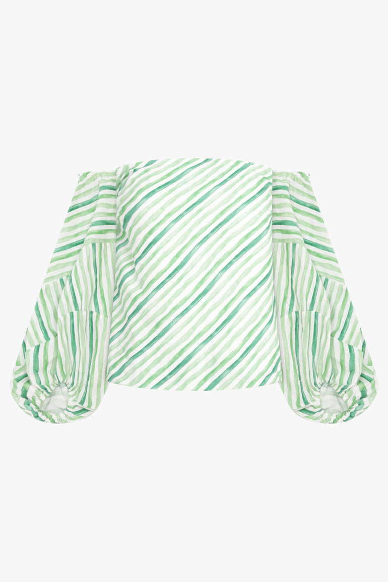 ROSIE ASSOULINE RTW Strapless Balloon Sleeve Watercolour Stripe Top | Green/White