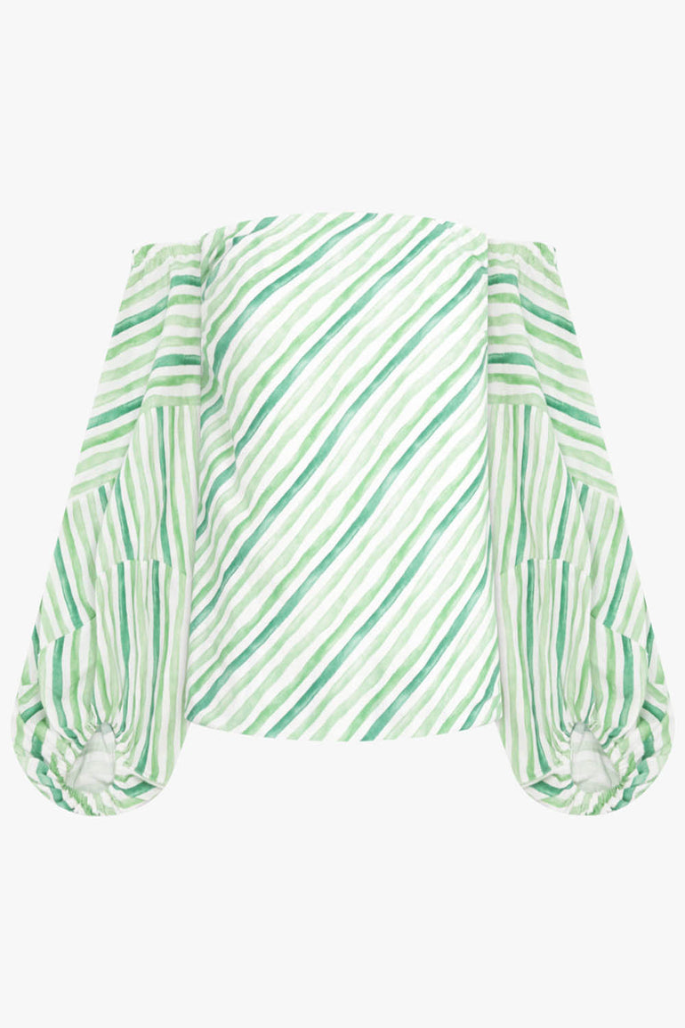 ROSIE ASSOULIN RTW Strapless Balloon Sleeve Watercolour Stripe Top | Green/White