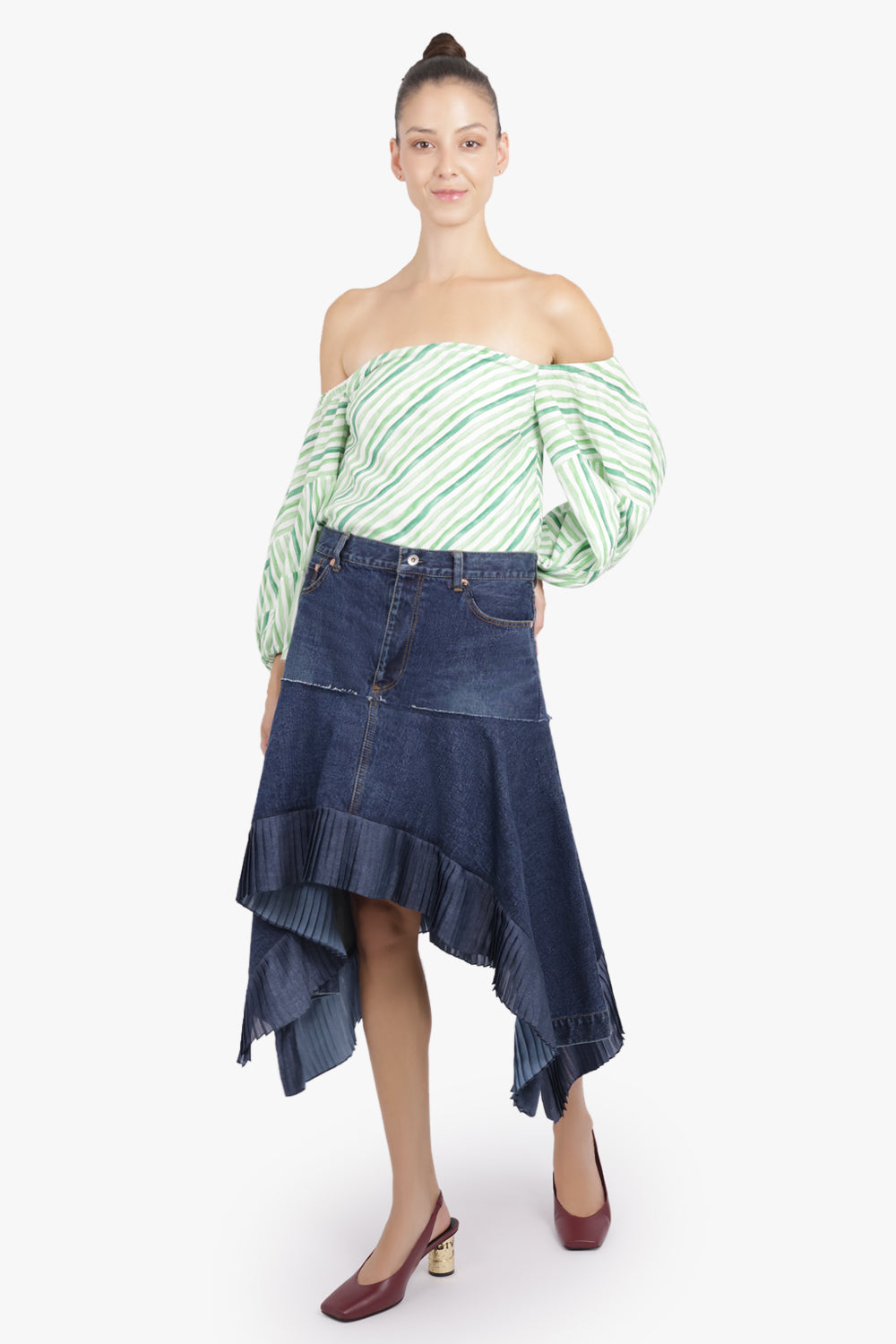 SACAI RTW Asymmetric Denim Skirt with Pleated Hem | Blue