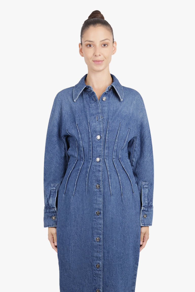 Cocoon Midi Waisted Denim Dress | Medium Blue Parlour X Cocoon Midi Waisted Denim Dress | Medium Blue Parlour X