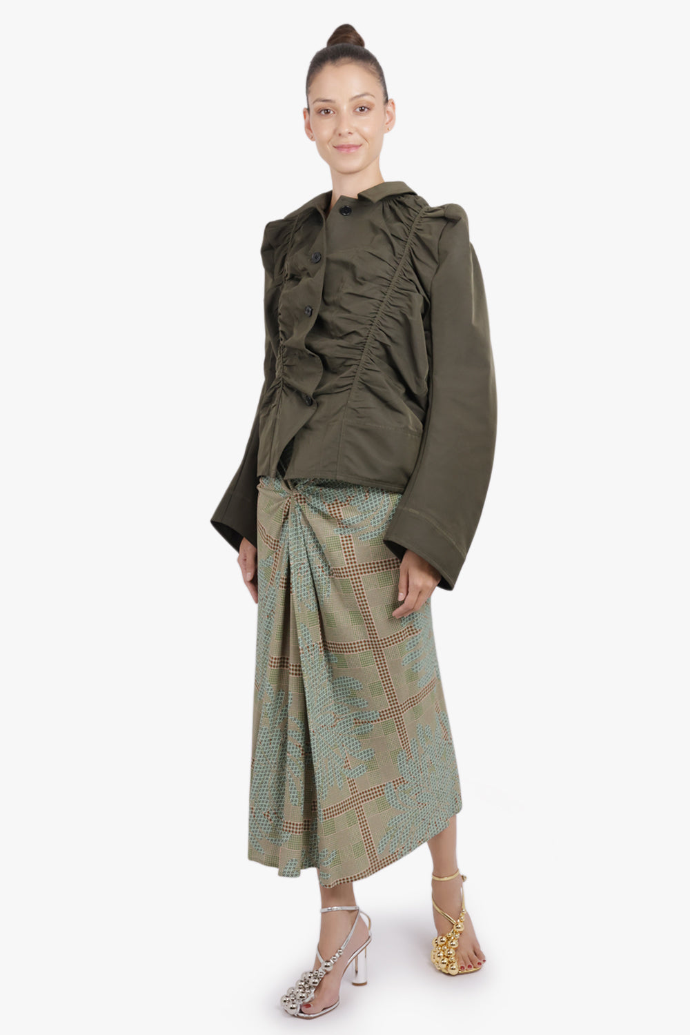 MELITTA BAUMEISTER RTW Ruched Front Puff Shoulder Jacket | Moss Green