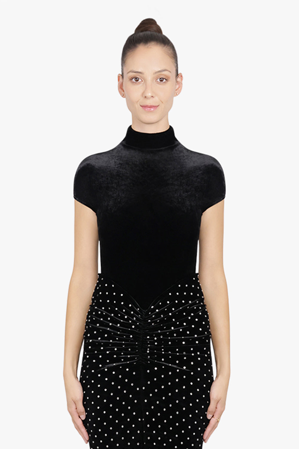 ALAIA RTW S/S High Neck Sculpt Velvet Stud Dress | Black