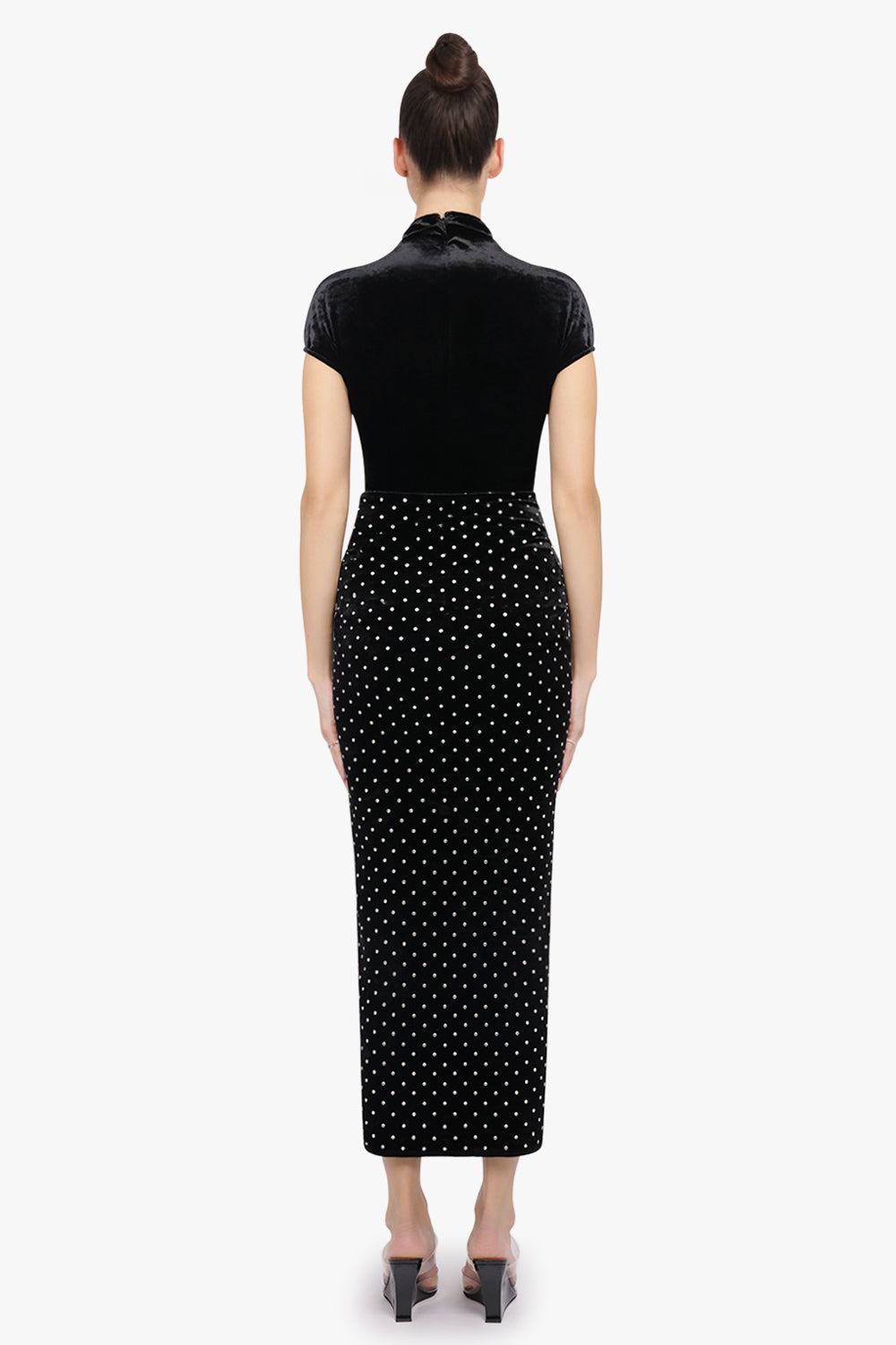 ALAIA RTW S/S High Neck Sculpt Velvet Stud Dress | Black