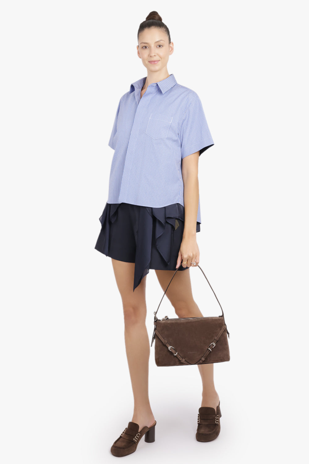 SACAI RTW S/S Stripe Shirt With Drape Panel Detail | Blue/Navy