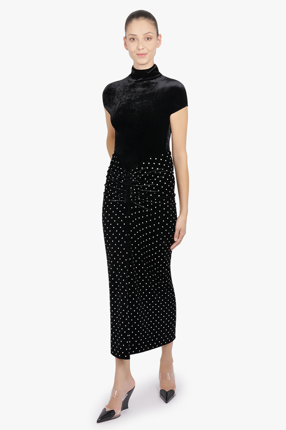 ALAIA RTW S/S High Neck Sculpt Velvet Stud Dress | Black