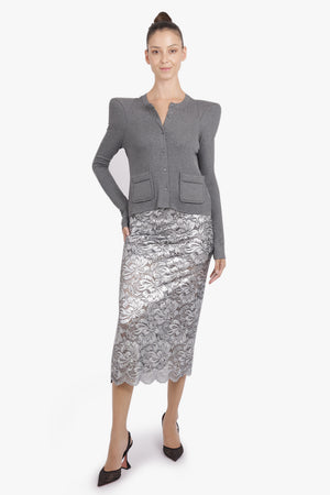 RABANNE RTW Metallic Lace Straight Midi Skirt | Silver