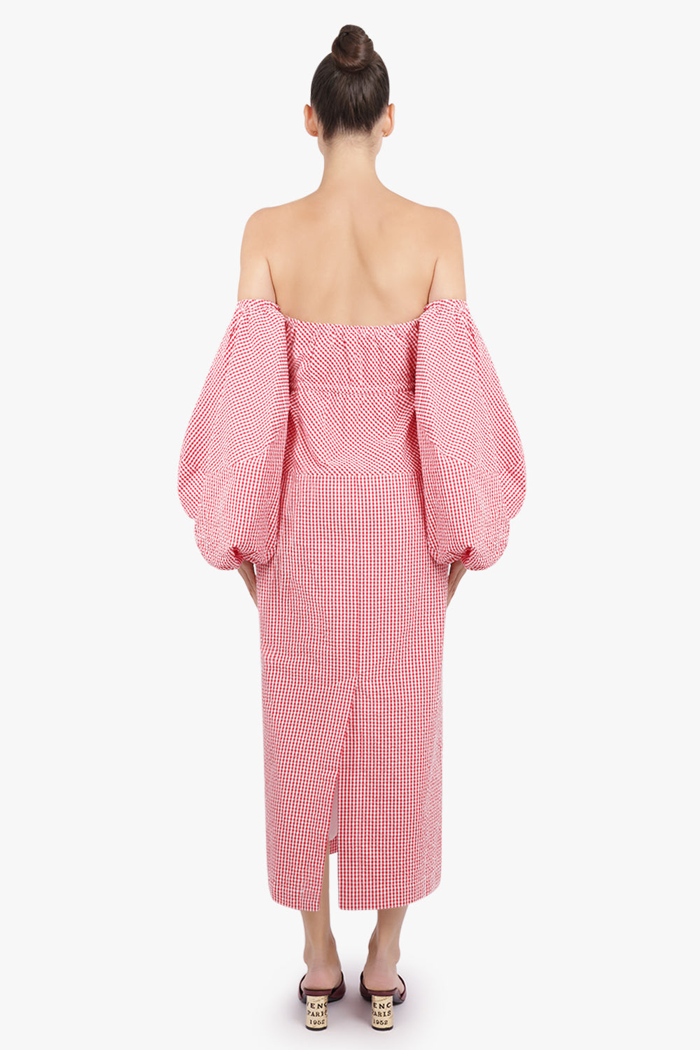 ROSIE ASSOULIN RTW Strapless Balloon Sleeve Gingham Print Midi Dress | Red