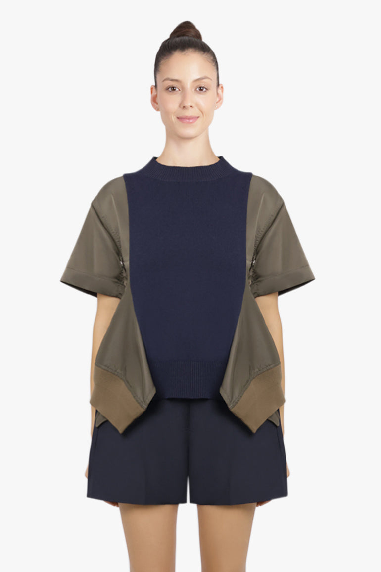 SACAI RTW Contrast S/S Panel X Knit Pullover Top | Navy/Khaki
