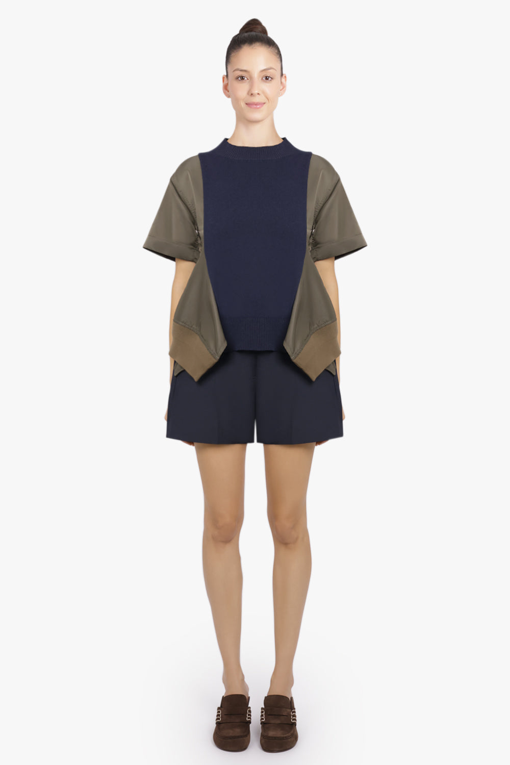 SACAI RTW Contrast S/S Panel X Knit Pullover Top | Navy/Khaki