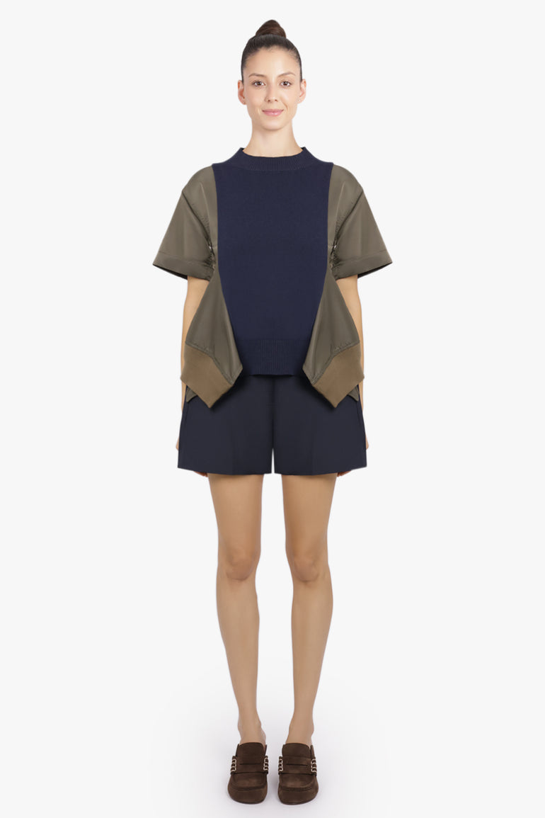 SACAI RTW Contrast S/S Panel X Knit Pullover Top | Navy/Khaki