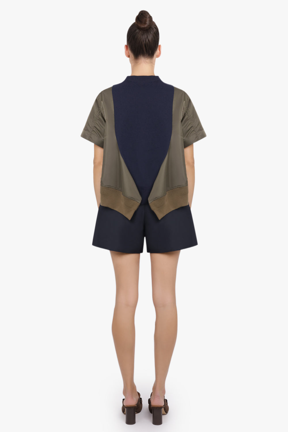 SACAI RTW Contrast S/S Panel X Knit Pullover Top | Navy/Khaki