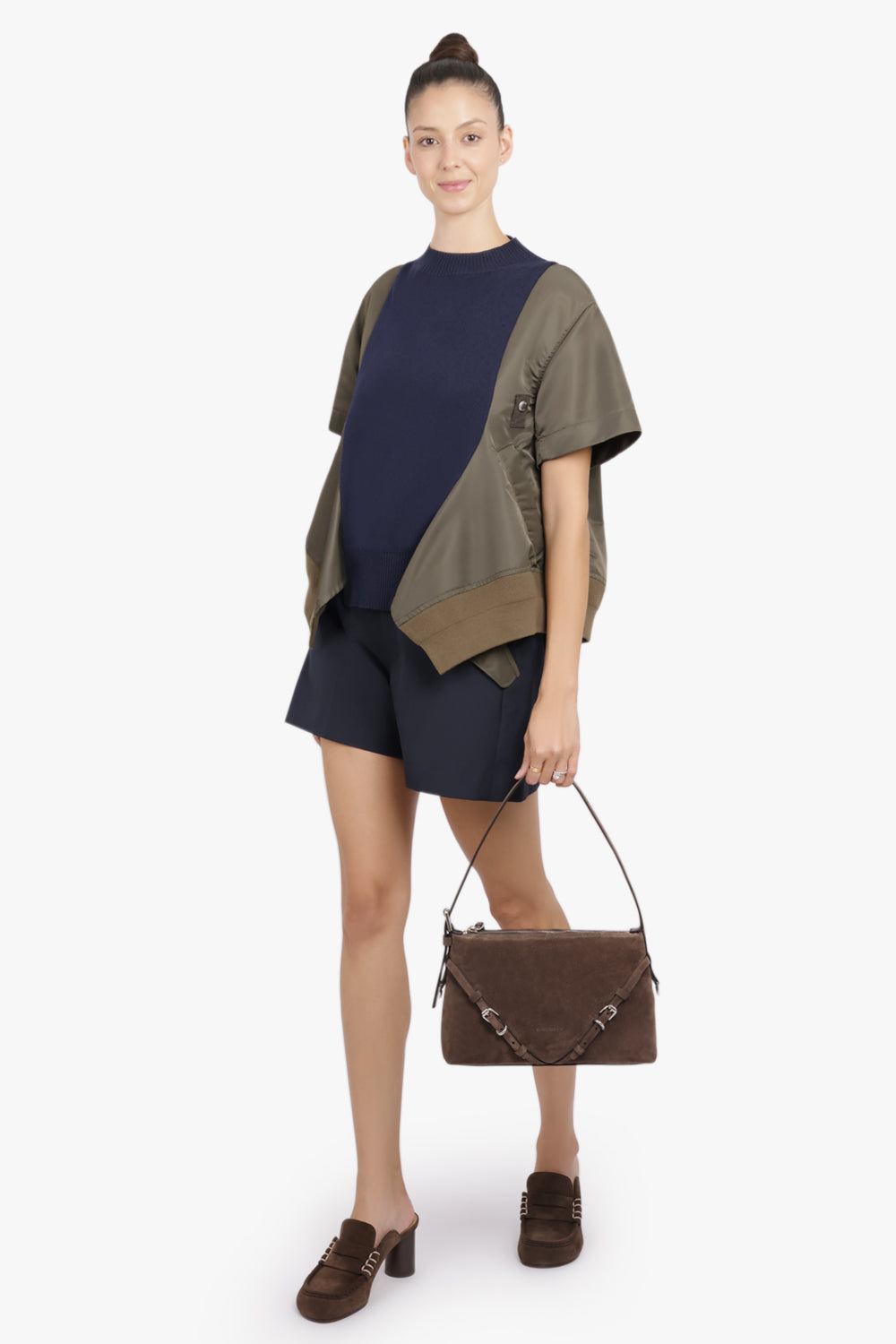 SACAI RTW Contrast S/S Panel X Knit Pullover Top | Navy/Khaki