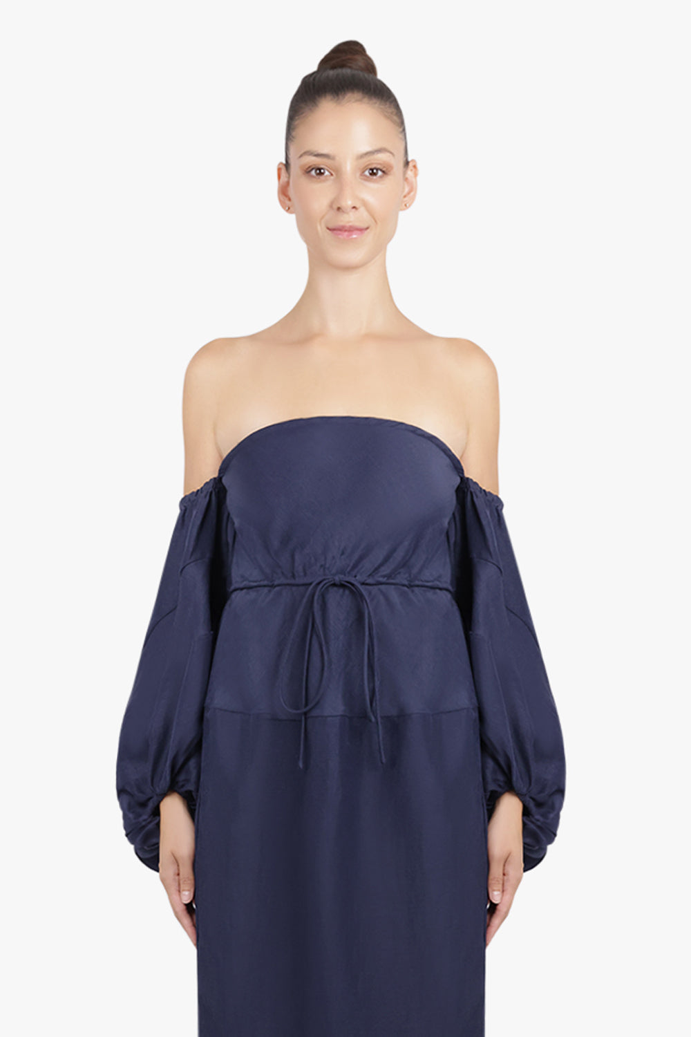 ROSIE ASSOULIN RTW Strapless Balloon Sleeve Midi Dress | Navy