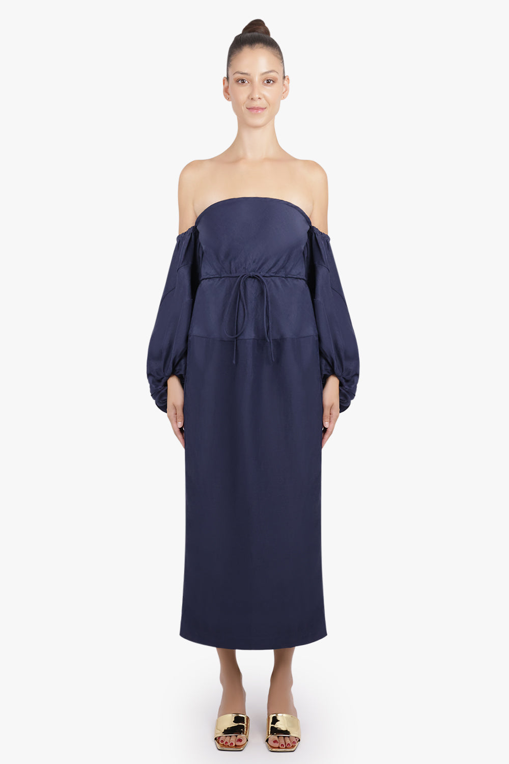 ROSIE ASSOULIN RTW Strapless Balloon Sleeve Midi Dress | Navy