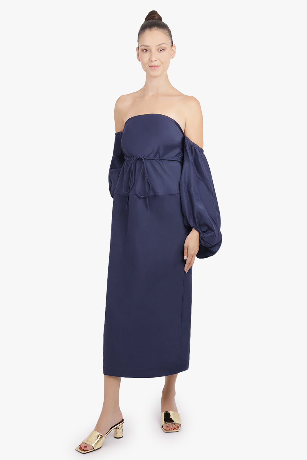 ROSIE ASSOULIN RTW Strapless Balloon Sleeve Midi Dress | Navy