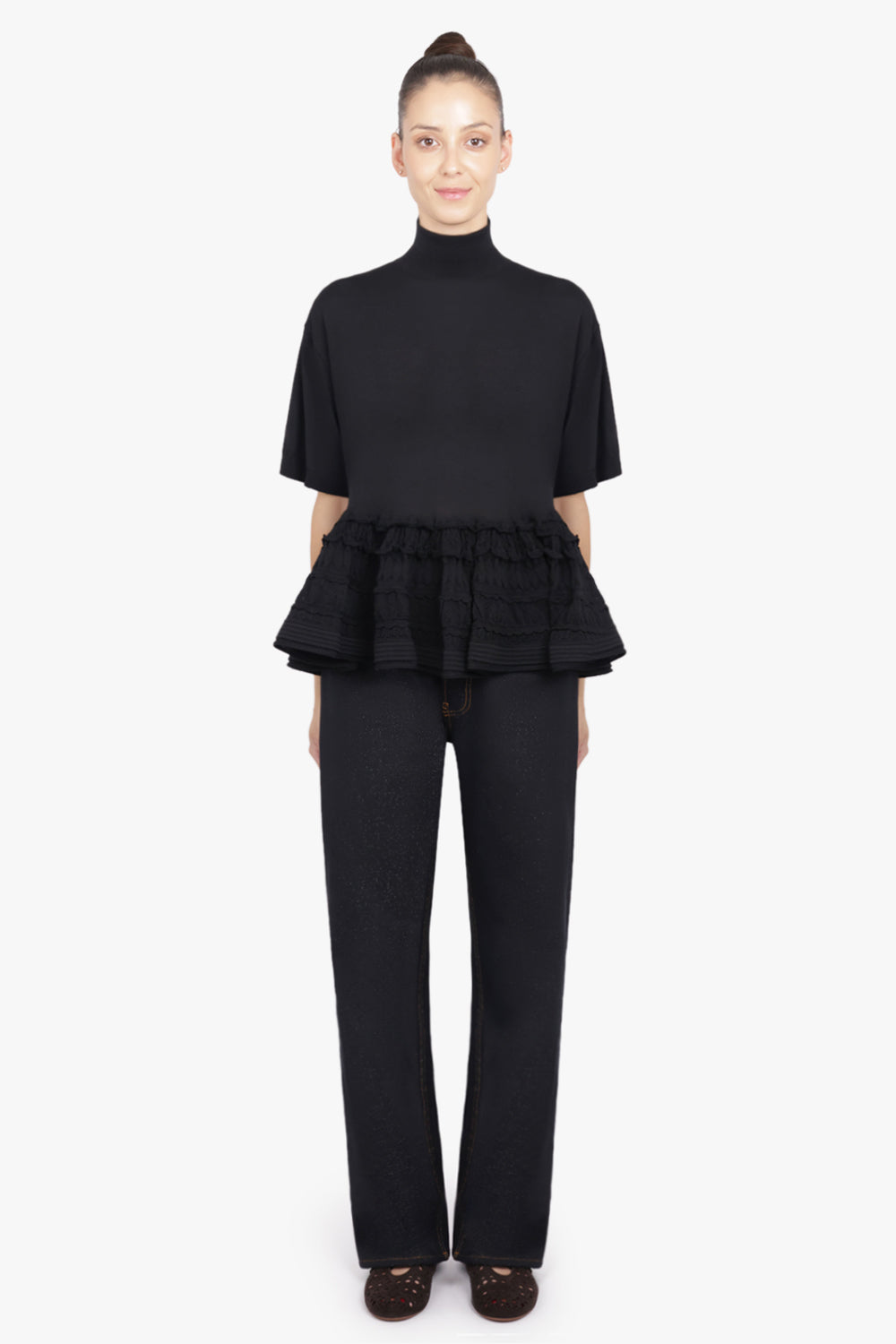 ALAIA RTW S/S High Neck Peplum Top | Black