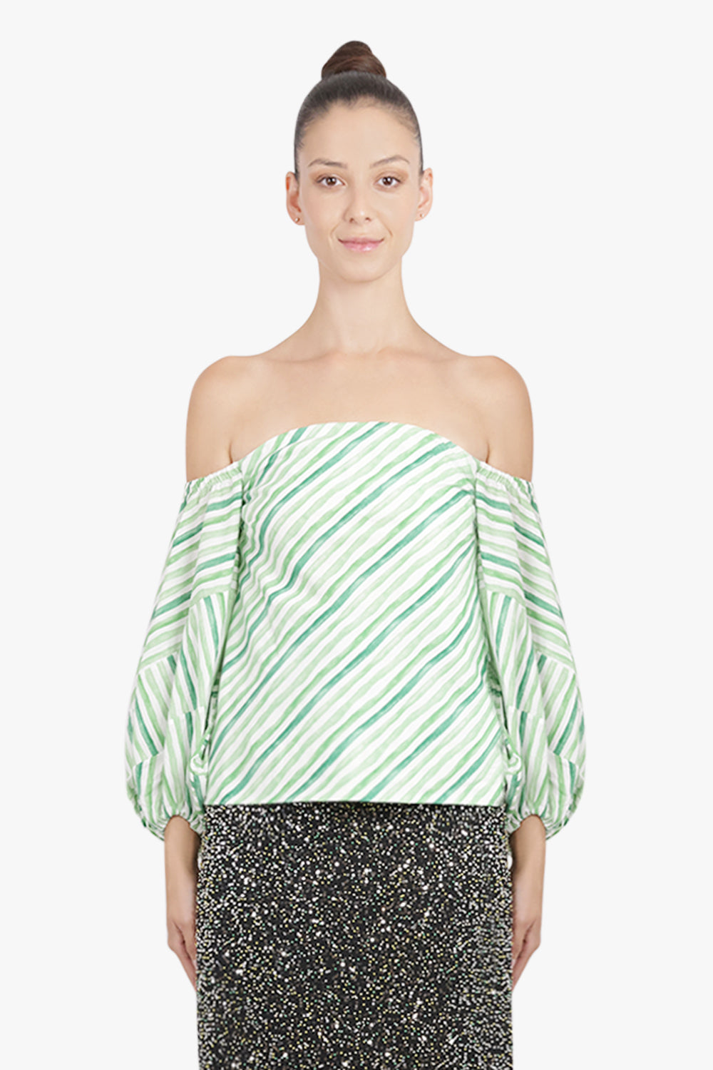 Rosie Assoulin RTW Strapless Balloon Sleeve Watercolour Stripe Top | Green/White