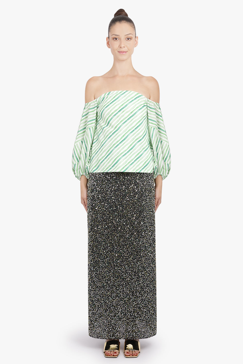 Rosie Assoulin RTW Strapless Balloon Sleeve Watercolour Stripe Top | Green/White