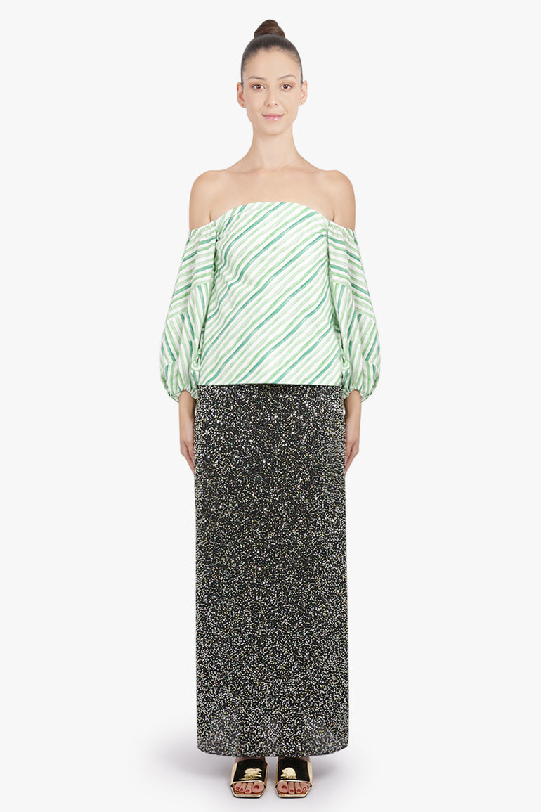 Rosie Assoulin RTW Strapless Balloon Sleeve Watercolour Stripe Top | Green/White