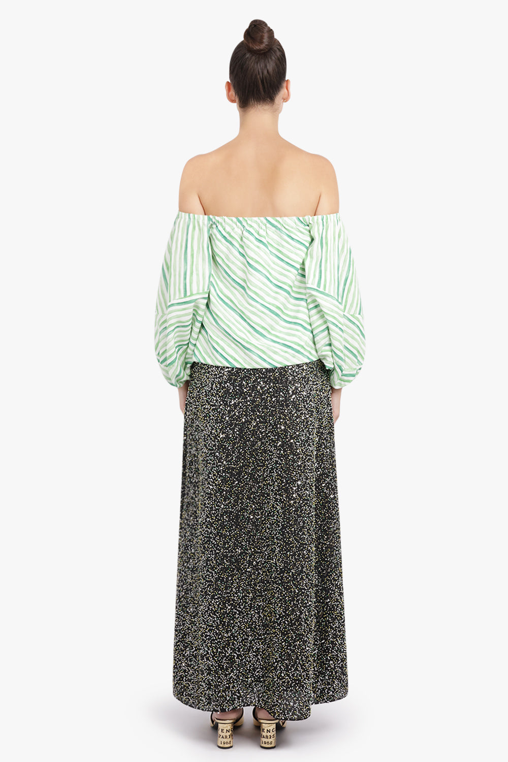 Rosie Assoulin RTW Strapless Balloon Sleeve Watercolour Stripe Top | Green/White