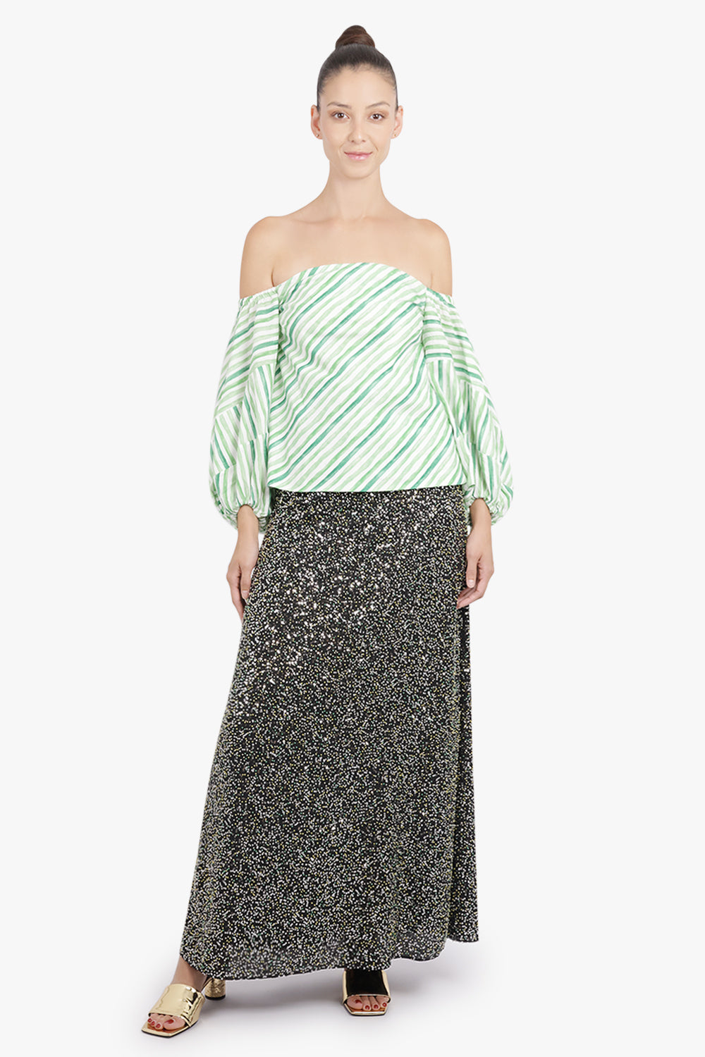 Rosie Assoulin RTW Strapless Balloon Sleeve Watercolour Stripe Top | Green/White