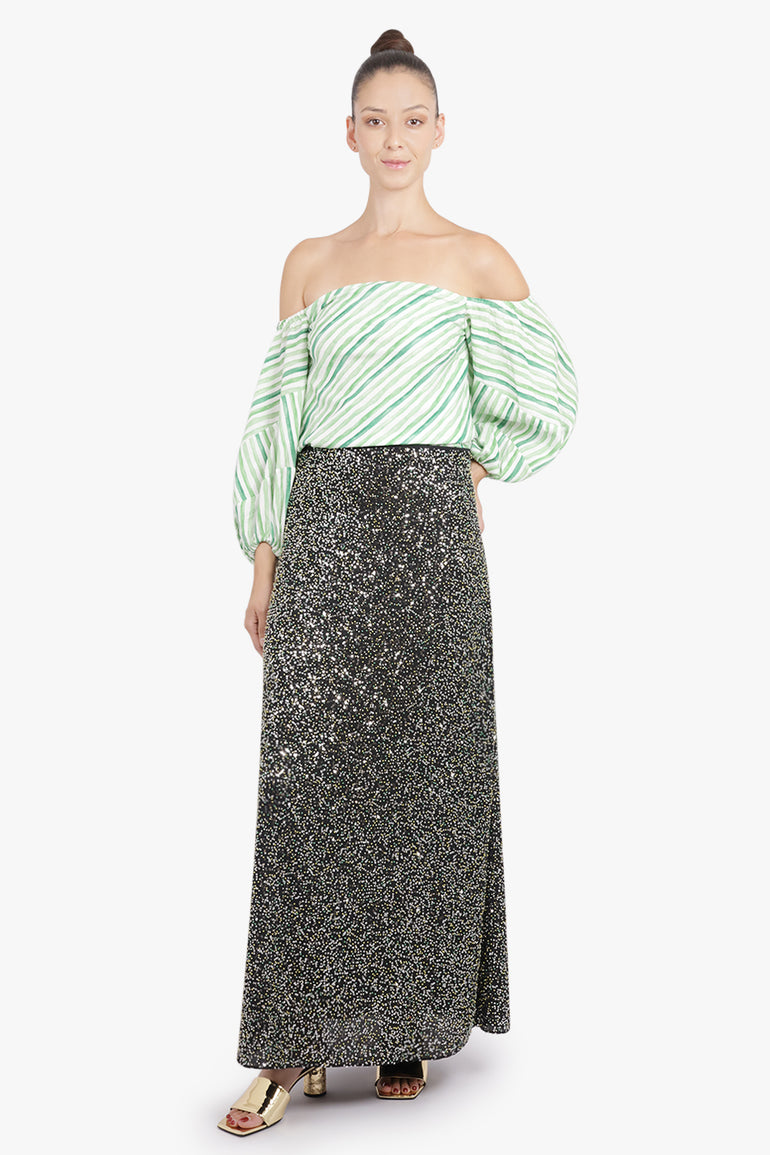 Rosie Assoulin RTW Strapless Balloon Sleeve Watercolour Stripe Top | Green/White