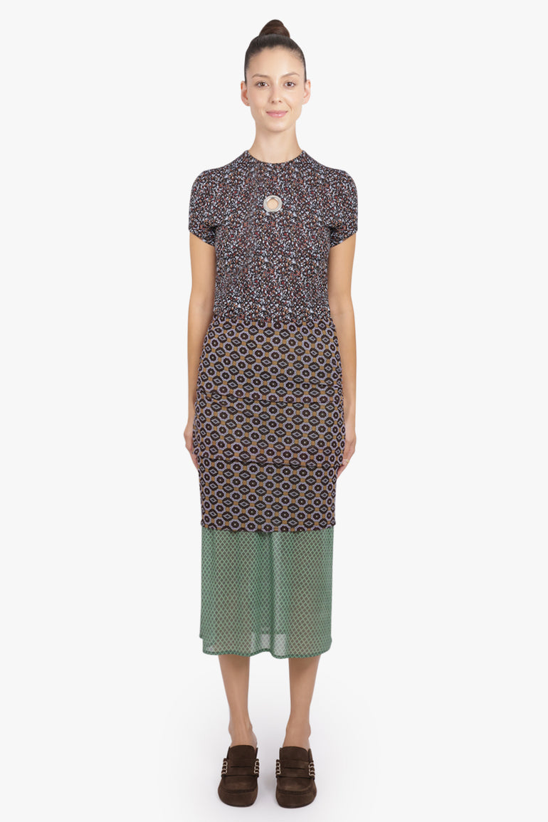 DRIES VAN NOTEN RTW Homoa Diamond Print Midi Skirt With Transparent Mesh Underlay | Brown/Mint