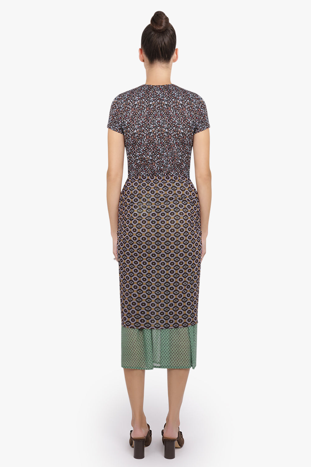DRIES VAN NOTEN RTW Homoa Diamond Print Midi Skirt With Transparent Mesh Underlay | Brown/Mint