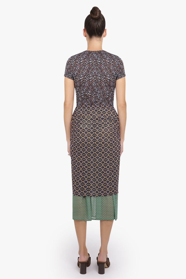 DRIES VAN NOTEN RTW Homoa Diamond Print Midi Skirt With Transparent Mesh Underlay | Brown/Mint