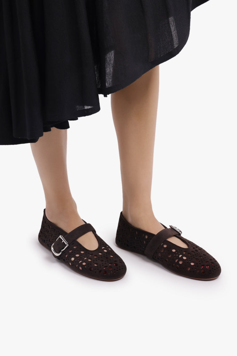 ALAIA SHOES Vienne Suede Perforated Ballet Flat | Dark Brown