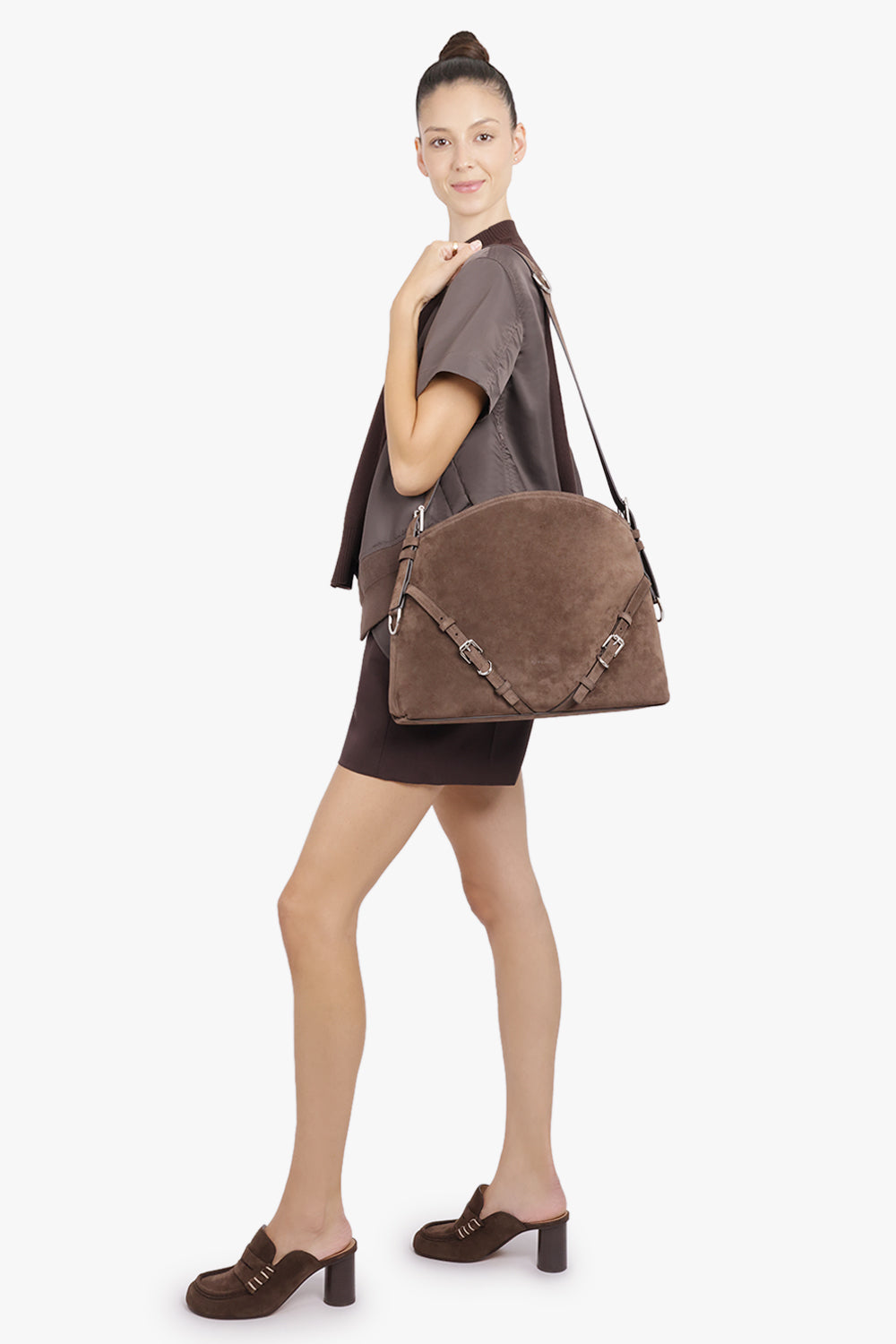 GIVENCHY BAGS BROWN / EBONY BROWN Voyou Medium Suede Shoulder Bag | Ebony Brown