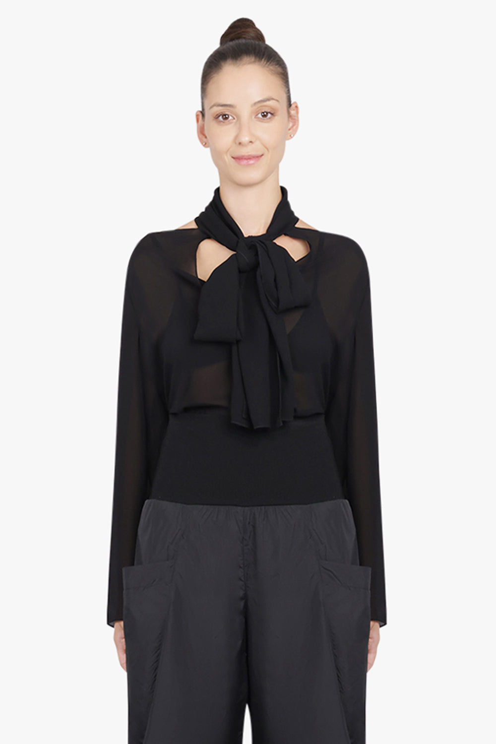 ALAIA RTW Bow L/S Shirt With Scarf Collar | Black