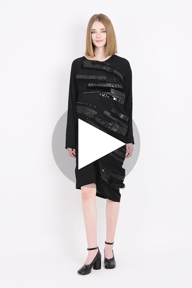 Asymmetric L/S Midi Dress with Leather x Sequin Panels | Black Parlour X Asymmetric L/S Midi Dress with Leather x Sequin Panels | Black Parlour X