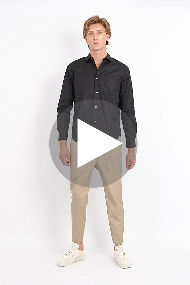 black dress shirt with tan pants Outfit Featuring modern contrast trims on the collar and placket Black Shirt with Brown Pants