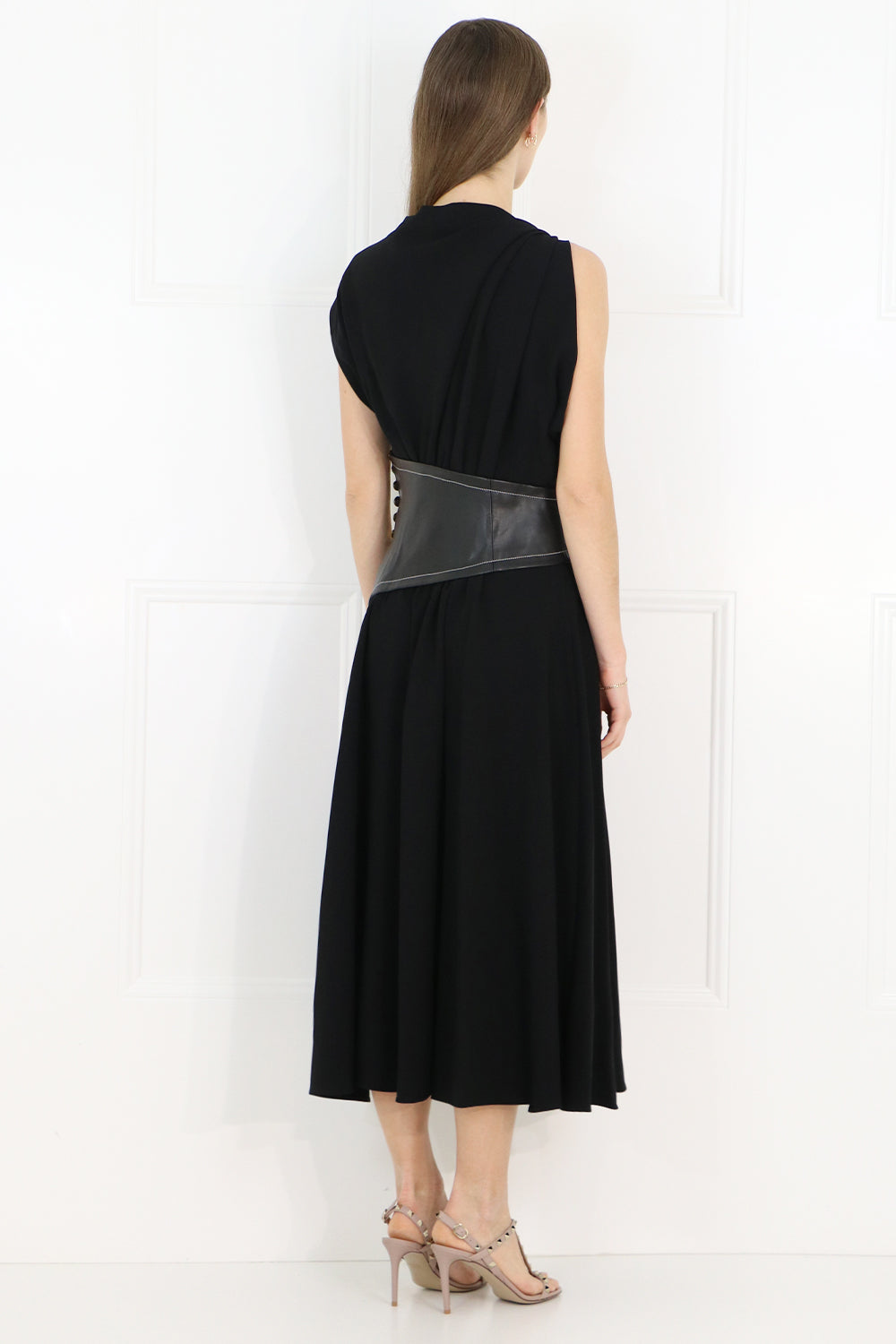 PROENZA SCHOULER RTW ASYMMETRIC LEATHER PANEL DRESS BLACK