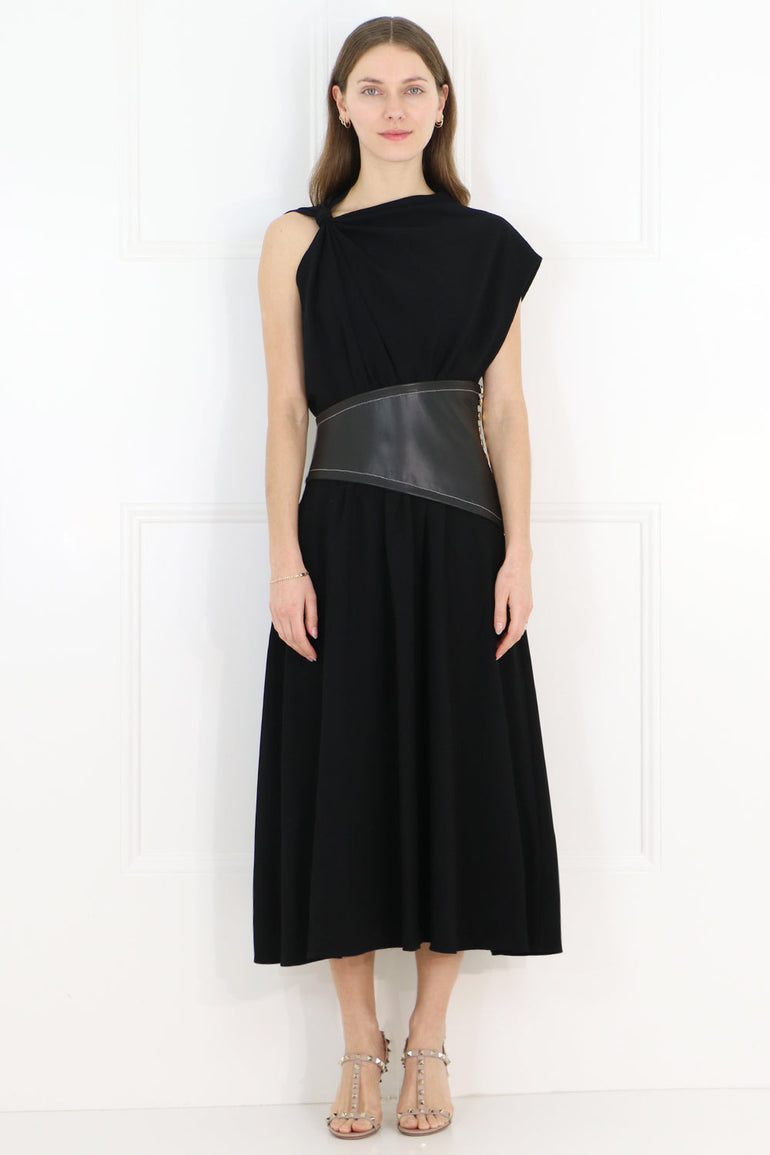PROENZA SCHOULER RTW ASYMMETRIC LEATHER PANEL DRESS BLACK