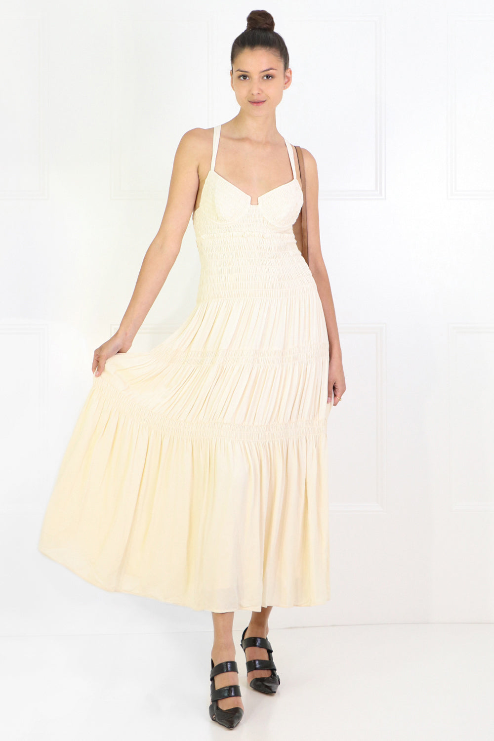 PROENZA SCHOULER RTW RUCHED BUSTIER SMOCKED DRESS S/LESS ECRU