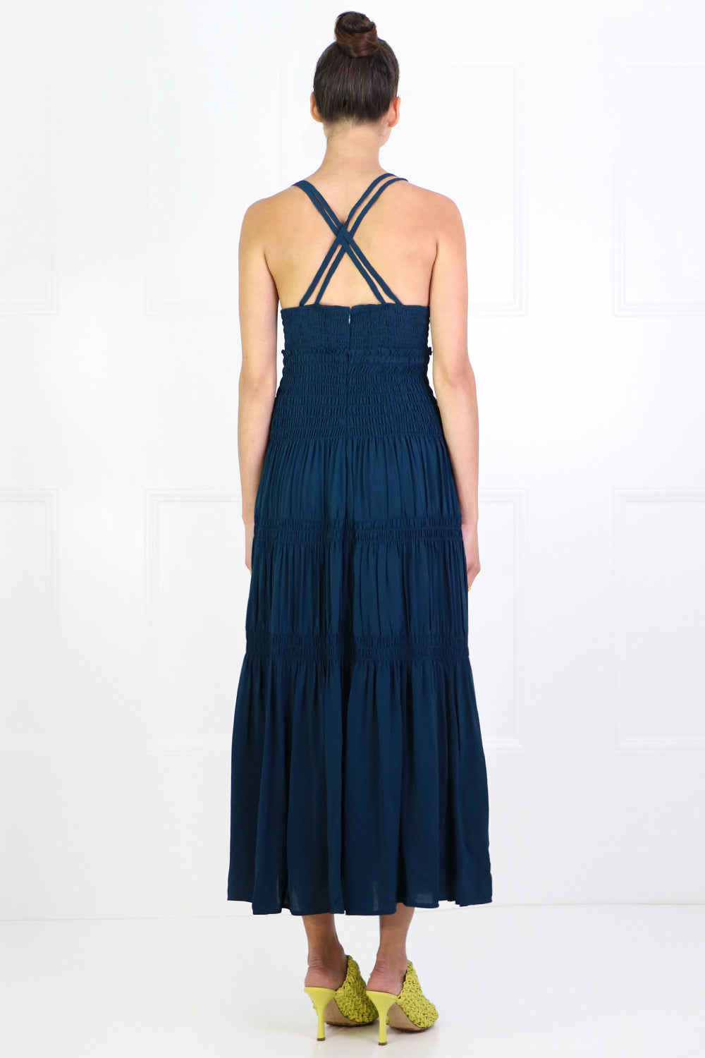 PROENZA SCHOULER RTW RUCHED BUSTIER SMOCKED DRESS S/LESS PETROL